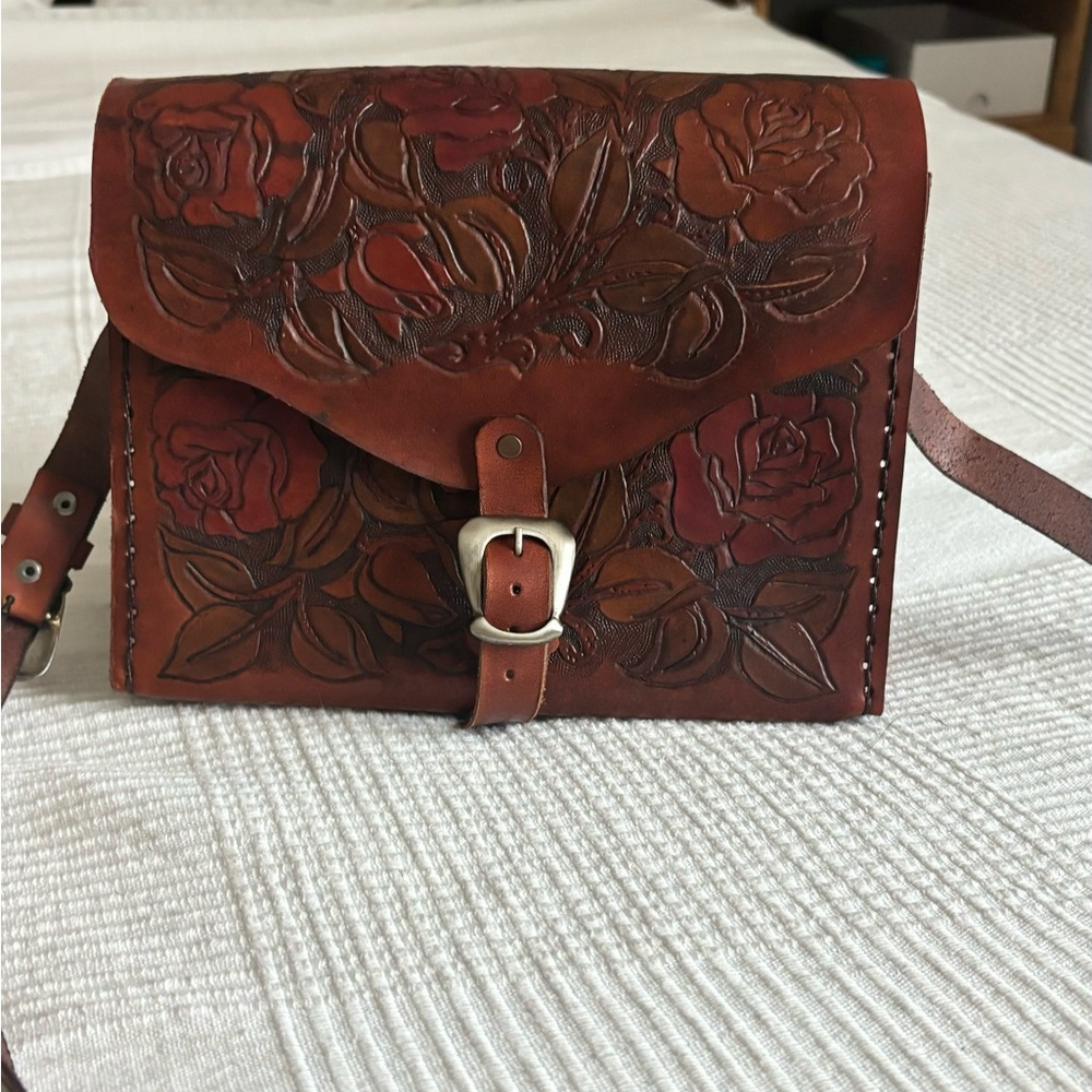 Embossed Leather Satchel with Floral Design
